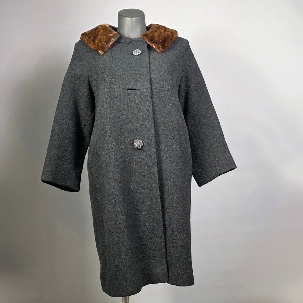 Vintage Stevens Hockanum Topaz Wool Coat Brown Mink Fur‎ Collar Black ILGWU USA